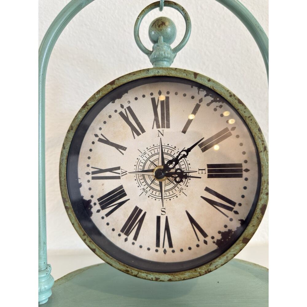 Hobby Lobby Vintage Green Table Shelf Clock Compass Roman Numerals Quartz - Picture 3 of 6